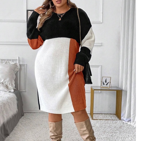 Plus Color Block Knit Long Sleeve Sweater Dress - Picture 2 of 6